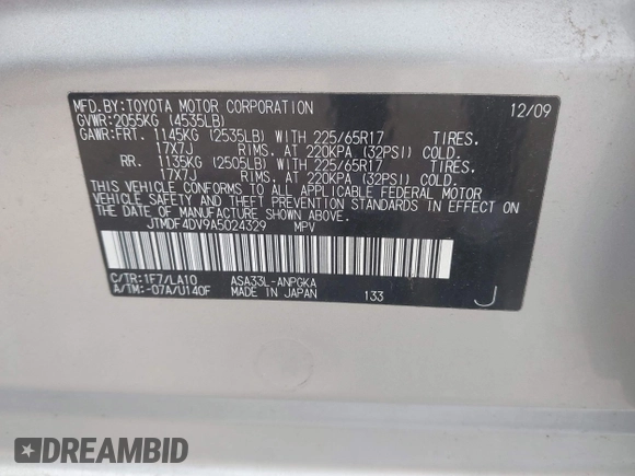 2010 Toyota RAV4 Limited с VIN JTMDF4DV9A5024329, выставлен на аукционе IAAI как лот 42685090 с пробегом Не указан миль и . История ставок и продаж доступна на DreamBid. Изображение 9.