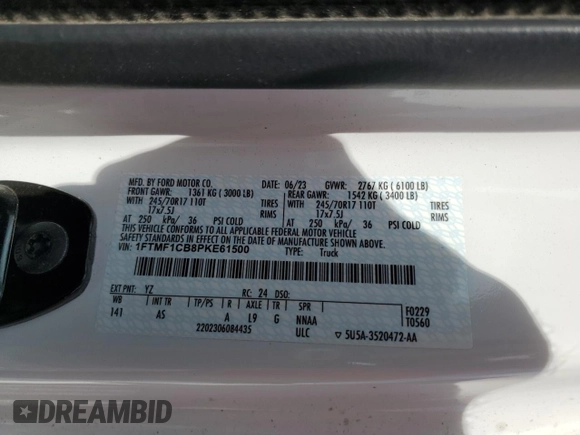 2023 Ford F-150 XL with VIN 1FTMF1CB8PKE61500, listed as a Copart auction lot 58465285 with 37,784 mi miles and Non repairable. Bid and sale history available at DreamBid. Image 12.
