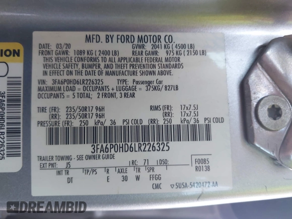 2020 Ford Fusion SE с VIN 3FA6P0HD6LR226325, выставлен на аукционе IAAI как лот 42301302 с пробегом 98 189 миль миль и . История ставок и продаж доступна на DreamBid. Изображение 9.