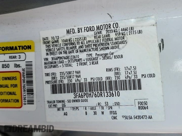 2013 Ford Fusion SE with VIN 3FA6P0H76DR133610, listed as a Copart auction lot 60259985 with 148,596 mi miles and Salvage title. Bid and sale history available at DreamBid. Image 12.