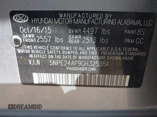 2016 Hyundai Sonata SE with VIN 5NPE24AF9GH325351, listed as a IAAI auction lot 42074939 with 160,663 mi miles and . Bid and sale history available at carsss.com. Image 9.