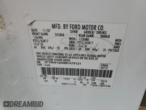 2008 Ford F-150 XL с VIN 1FTRW12W88FA76121, выставлен на аукционе Copart как лот 58826495 с пробегом 170 132 миль миль и Списание • Salvage title. История ставок и продаж доступна на DreamBid. Изображение 12.