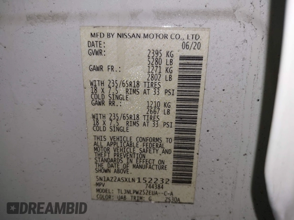 2020 Nissan Murano S with VIN 5N1AZ2ASXLN152232, listed as a IAAI auction lot 41577113 with 108,895 mi miles and . Bid and sale history available at DreamBid. Image 9.