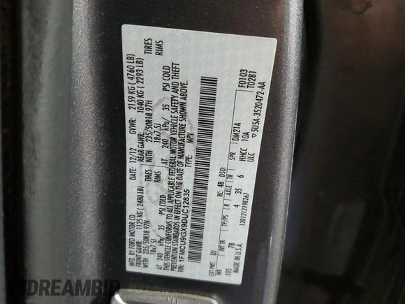2013 Ford Escape SE with VIN 1FMCU9GX9DUC12835, listed as a Copart auction lot 60865625 with Not provided miles and Clean title. Bid and sale history available at DreamBid. Image 13.
