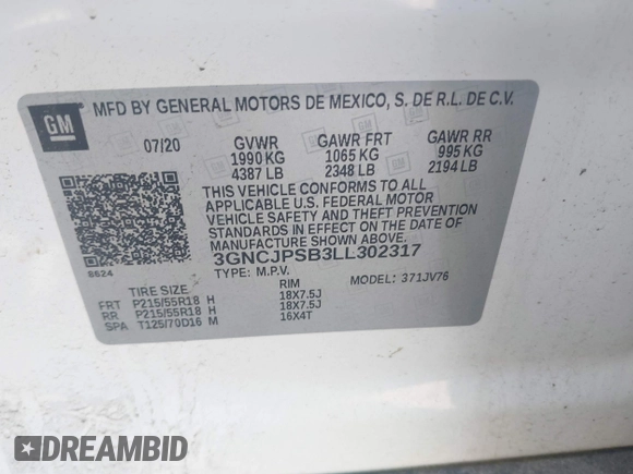 2020 Chevrolet Trax LT with VIN 3GNCJPSB3LL302317, listed as a IAAI auction lot 42492876 with 37,123 mi miles and . Bid and sale history available at DreamBid. Image 9.