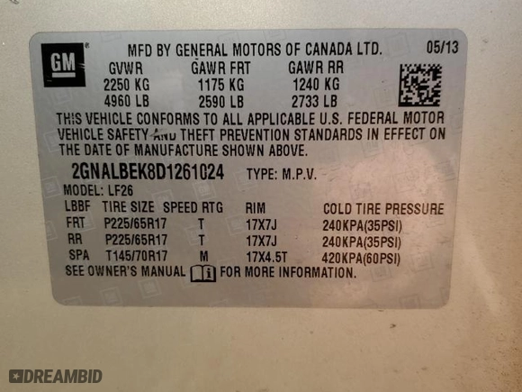 2013 Chevrolet Equinox LS with VIN 2GNALBEK8D1261024, listed as a Copart auction lot 48494755 with 133,717 mi miles and Salvage Title. Bid and sale history available at carsss.com. Image 12.