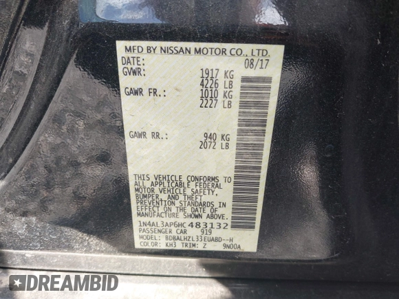 2017 Nissan Altima SR with VIN 1N4AL3AP6HC483132, listed as a IAAI auction lot 42250191 with 127,493 mi miles and . Bid and sale history available at DreamBid. Image 9.