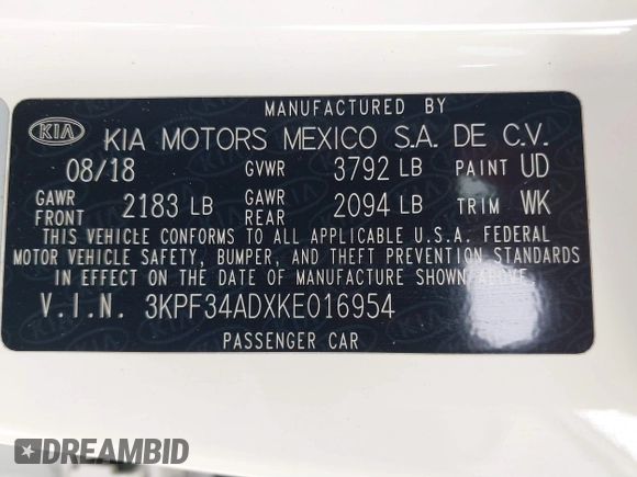 2019 Kia Forte S with VIN 3KPF34ADXKE016954, listed as a IAAI auction lot 41723482 with 192,693 mi miles. Bid and sale history available at carsss.com. Image 9.