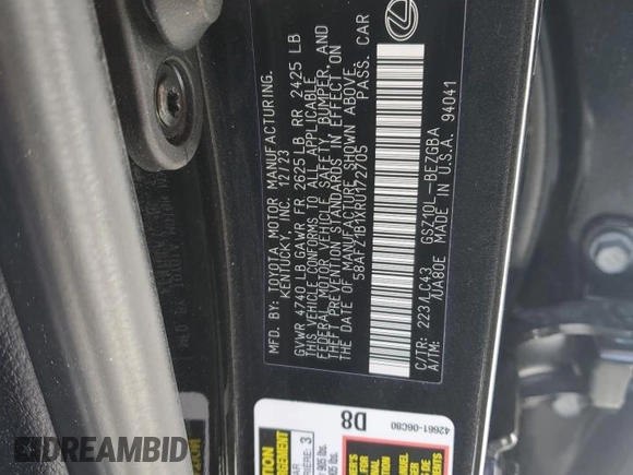 2024 Lexus ES 350 Ultra Luxury with VIN 58AFZ1B1XRU172705, listed as a Copart auction lot 45156825 with 9,600 mi miles and Salvage title. Bid and sale history available at DreamBid. Image 12.