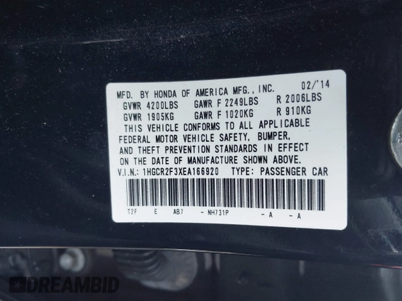 2014 Honda Accord LX z VIN 1HGCR2F3XEA166920, wystawiony jako IAAI lot #42185155 z przebiegiem 147 206 mil mil oraz . Historia ofert i sprzedaży dostępna na DreamBid. Obrazek 9.