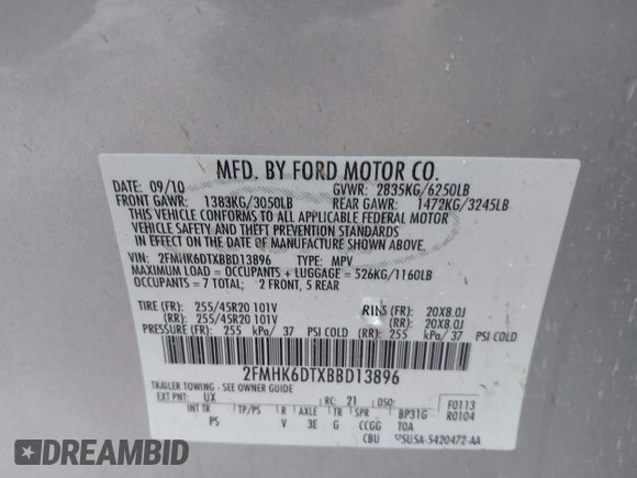 2011 Ford Flex Limited w/Ecoboost with VIN 2FMHK6DTXBBD13896, listed as a IAAI auction lot 41602037 with 152,123 mi miles. Bid and sale history available at carsss.com. Image 9.
