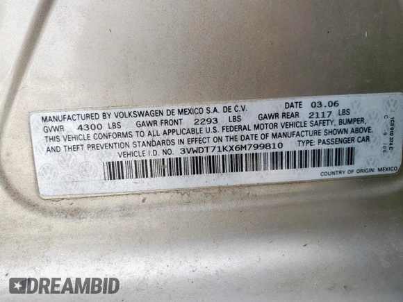 2006 Volkswagen Jetta 1.9L TDI z VIN 3VWDT71KX6M799810, wystawiony jako Copart lot #54946785 z przebiegiem 120 766 mil mil oraz Szkoda całkowita • Salvage title. Historia ofert i sprzedaży dostępna na DreamBid. Obrazek 13.