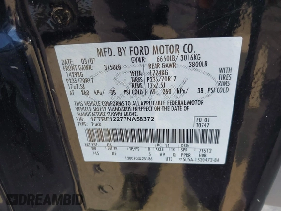 2007 Ford F-150 XL with VIN 1FTRF12277NA58372, listed as a IAAI auction lot 42090149 with 224,524 mi miles and . Bid and sale history available at DreamBid. Image 9.