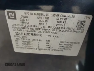 2015 Chevrolet Equinox LS with VIN 2GNALAEK7F6209593, listed as a IAAI auction lot 42112017 with 93,533 mi miles and . Bid and sale history available at DreamBid. Image 9.