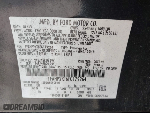 2015 Ford Taurus SHO with VIN 1FAHP2KT6FG179264, listed as a IAAI auction lot 42255497 with 103,469 mi miles and . Bid and sale history available at DreamBid. Image 9.