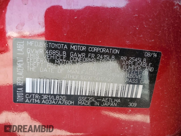 2015 Lexus IS 250 with VIN JTHCF1D2XF5017427, listed as a Copart auction lot 49825695 with 115,850 mi miles and Salvage Title. Bid and sale history available at DreamBid. Image 13.