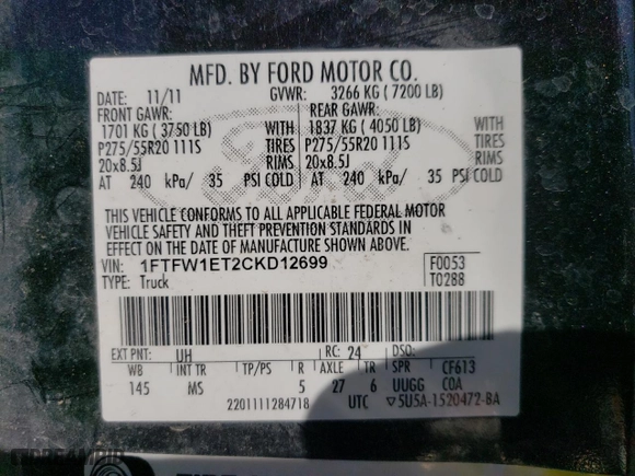2012 Ford F-150 XL with VIN 1FTFW1ET2CKD12699, listed as a Copart auction lot 45290645 with 151,230 mi miles and Salvage Title. Bid and sale history available at carsss.com. Image 12.