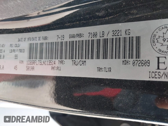 2020 Ram 1500 Rebel with VIN 1C6SRFLT5LN113514, listed as a IAAI auction lot 41718662 with 56,730 mi miles and . Bid and sale history available at DreamBid. Image 9.