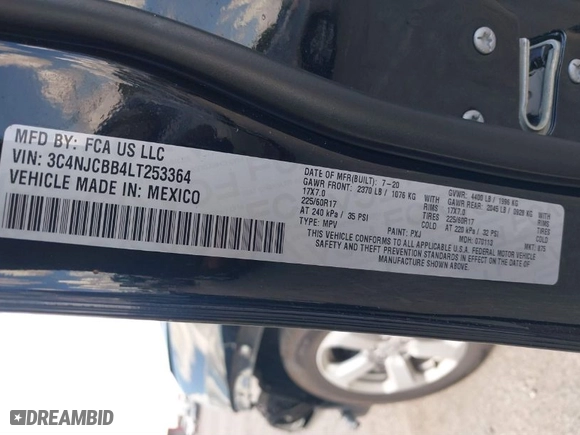 2020 Jeep Compass Latitude w/Sun/Safety Pkg with VIN 3C4NJCBB4LT253364, listed as a IAAI auction lot 41565377 with 60,551 mi miles. Bid and sale history available at carsss.com. Image 9.