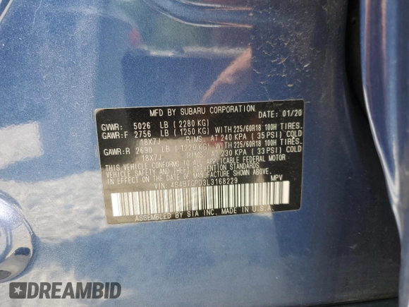 2020 Subaru Outback Touring XT with VIN 4S4BTGPD3L3168229, listed as a Copart auction lot 60476405 with 84,912 mi miles and Salvage title. Bid and sale history available at DreamBid. Image 13.