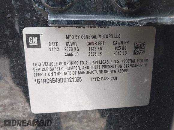 2013 Chevrolet Volt with VIN 1G1RC6E48DU121055, listed as a IAAI auction lot 40738276 with 139,600 mi miles and . Bid and sale history available at carsss.com. Image 9.