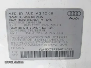 2009 Audi Q5 Premium Plus z VIN WA1KK78R29A014529, wystawiony jako IAAI lot #41948729 z przebiegiem 189 682 mil mil oraz . Historia ofert i sprzedaży dostępna na DreamBid. Obrazek 9.