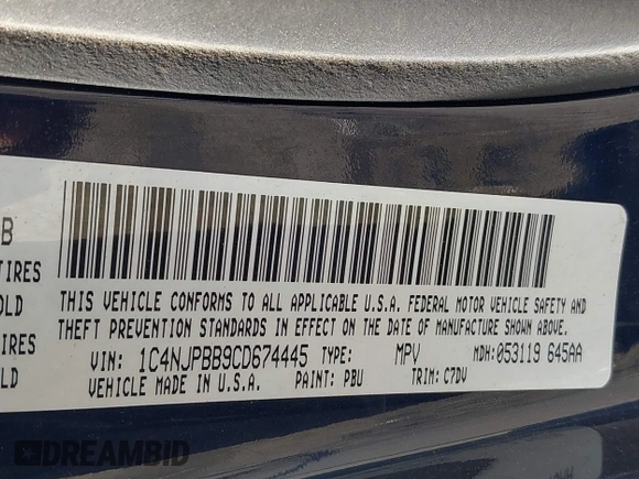 2012 Jeep Patriot Sport with VIN 1C4NJPBB9CD674445, listed as a IAAI auction lot 41588330 with 66,721 mi miles and . Bid and sale history available at DreamBid. Image 9.