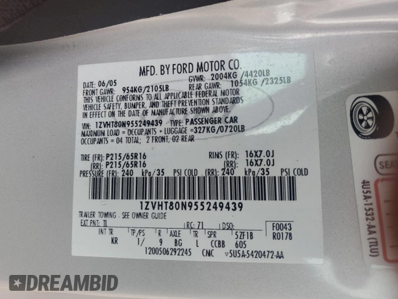 2005 Ford Mustang Deluxe with VIN 1ZVHT80N955249439, listed as a Copart auction lot 55536255 with 118,984 mi miles and Salvage title. Bid and sale history available at DreamBid. Image 12.