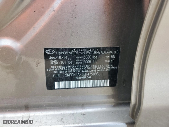 2014 Hyundai Elantra Limited with VIN 5NPDH4AE3EH475003, listed as a Copart auction lot 49153235 with 130,510 mi miles and Non Repairable. Bid and sale history available at carsss.com. Image 13.