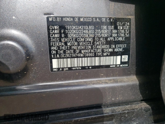 2024 Honda HR-V EX-L z VIN 3CZRZ1H74RM738960, wystawiony jako Copart lot #52405595 z przebiegiem 12 934 mil mil oraz Szkoda całkowita • Salvage title. Historia ofert i sprzedaży dostępna na DreamBid. Obrazek 12.