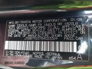 2008 Toyota Yaris z VIN JTDBT923784023369, wystawiony jako IAAI lot #42392943 z przebiegiem 202 679 mil mil oraz . Historia ofert i sprzedaży dostępna na DreamBid. Obrazek 9.