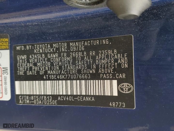 2007 Toyota Camry CE with VIN 4T1BE46K77U076663, listed as a Copart auction lot 47005515 with 230,922 mi miles and Salvage Title. Bid and sale history available at carsss.com. Image 12.