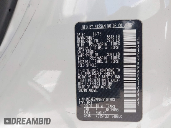 2014 Nissan Quest S with VIN JN8AE2KP6E9106763, listed as a IAAI auction lot 41844397 with 71,342 mi miles and . Bid and sale history available at DreamBid. Image 9.