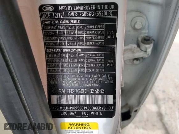 2013 Land Rover LR2 with VIN SALFR2BG6DH335883, listed as a Copart auction lot 53898965 with Not provided miles and Clean title. Bid and sale history available at DreamBid. Image 13.