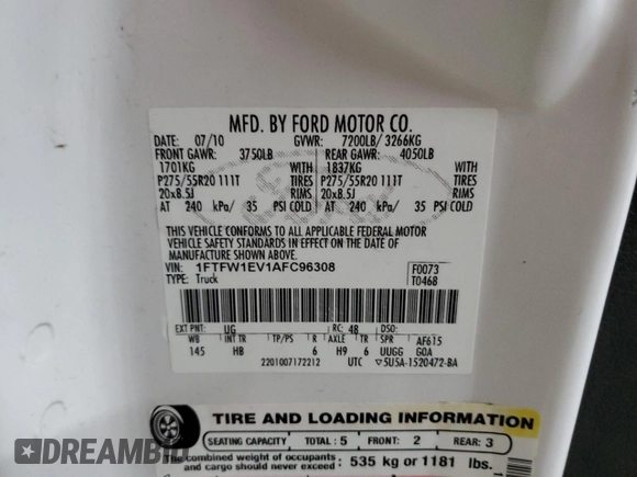 2010 Ford F-150 XL with VIN 1FTFW1EV1AFC96308, listed as a Copart auction lot 61661115 with 226,594 mi miles and Clean title. Bid and sale history available at DreamBid. Image 12.