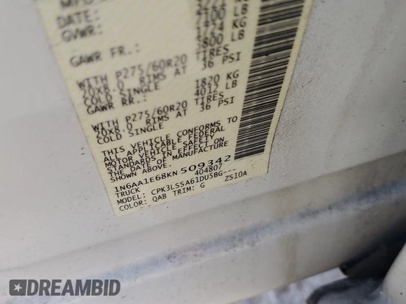 2019 Nissan Titan SV with VIN 1N6AA1E68KN509342, listed as a Copart auction lot 78804284 with 78,285 mi miles and Salvage title. Bid and sale history available at DreamBid. Image 13.
