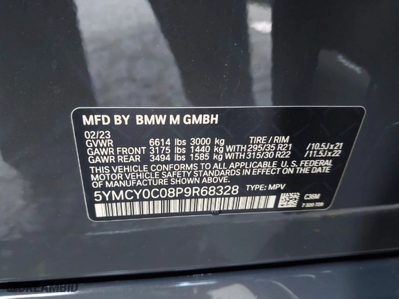 2023 BMW X6 M with VIN 5YMCY0C08P9R68328, listed as a IAAI auction lot 41445219 with 14,369 mi miles. Bid and sale history available at carsss.com. Image 9.