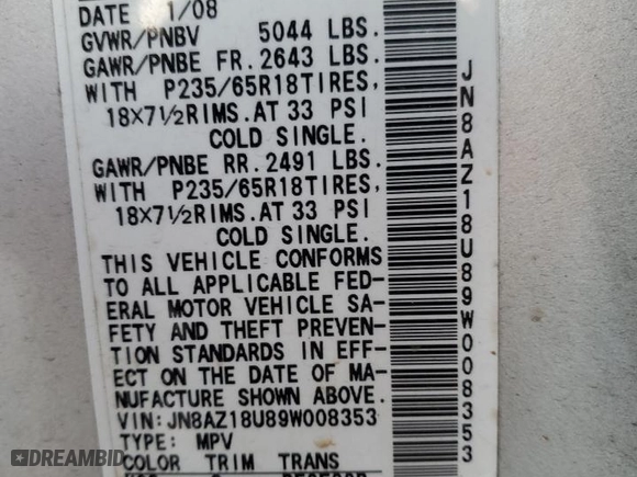 2009 Nissan Murano S with VIN JN8AZ18U89W008353, listed as a Copart auction lot 46619225 with 130,749 mi miles and Salvage Title. Bid and sale history available at carsss.com. Image 13.
