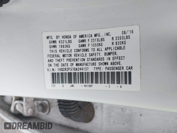 2016 Honda Accord Sport with VIN 1HGCR2F57GA244137, listed as a IAAI auction lot 41999284 with 87,660 mi miles and . Bid and sale history available at DreamBid. Image 9.