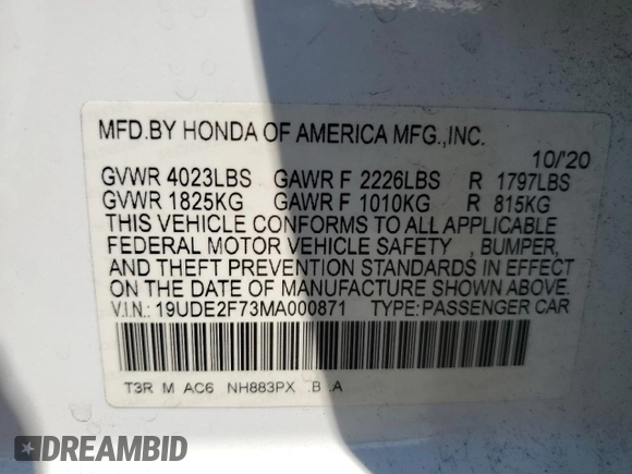 2021 Acura ILX Premium with VIN 19UDE2F73MA000871, listed as a Copart auction lot 57176843 with 10,206 mi miles and . Bid and sale history available at DreamBid. Image 12.