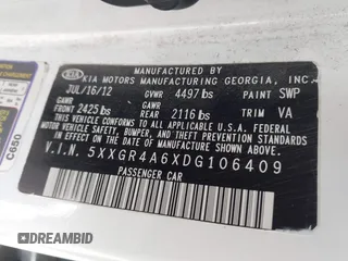 2013 Kia Optima SX with VIN 5XXGR4A6XDG106409, listed as a IAAI auction lot 42525630 with 213,722 mi miles and . Bid and sale history available at DreamBid. Image 9.
