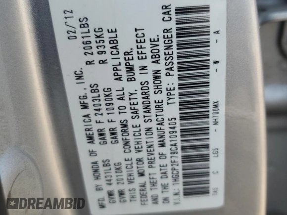 2012 Honda Accord EX with VIN 1HGCP2F79CA109405, listed as a Copart auction lot 59390915 with 181,359 mi miles and Salvage title. Bid and sale history available at DreamBid. Image 13.