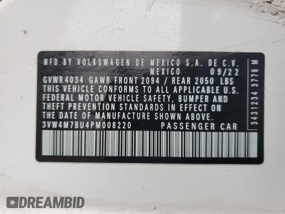 2023 Volkswagen Jetta S with VIN 3VW4M7BU4PM008220, listed as a Copart auction lot 73307764 with 58,386 mi miles and Salvage title. Bid and sale history available at DreamBid. Image 12.