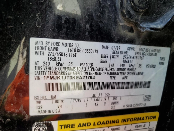 2019 Ford Expedition Max XLT z VIN 1FMJK1JT3KEA21794, wystawiony jako Copart lot #54504705 z przebiegiem 110 906 mil mil oraz Szkoda całkowita • Salvage title. Historia ofert i sprzedaży dostępna na DreamBid. Obrazek 13.