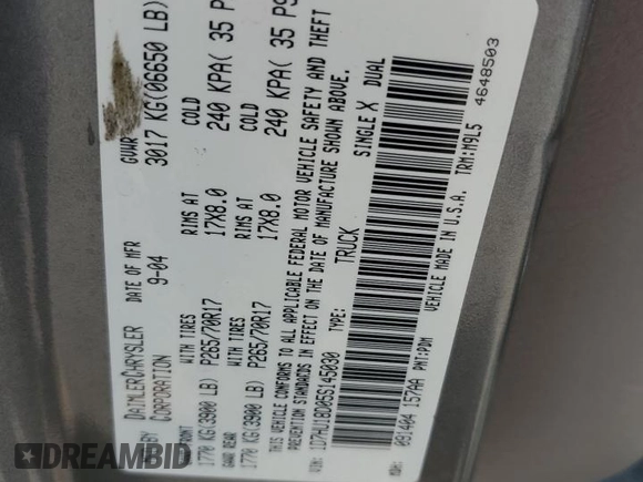2005 Dodge 1500 SLT z VIN 1D7HU18D05S145030, wystawiony jako Copart lot #60825845 z przebiegiem 91 205 mil mil oraz Szkoda całkowita • Salvage title. Historia ofert i sprzedaży dostępna na DreamBid. Obrazek 12.