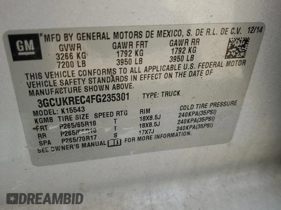 2015 Chevrolet Silverado 1500 LT with VIN 3GCUKREC4FG235301, listed as a Copart auction lot 51747915 with 179,033 mi miles and Salvage Title. Bid and sale history available at DreamBid. Image 12.