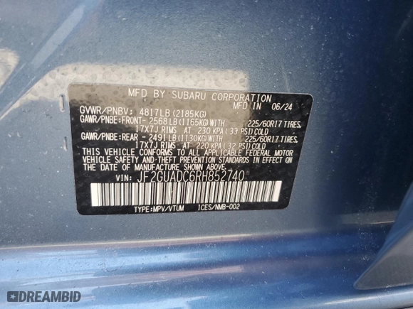 2024 Subaru Crosstrek Premium with VIN JF2GUADC6RH852740, listed as a Copart auction lot 48557915 with 6,625 mi miles and Salvage Title. Bid and sale history available at carsss.com. Image 13.