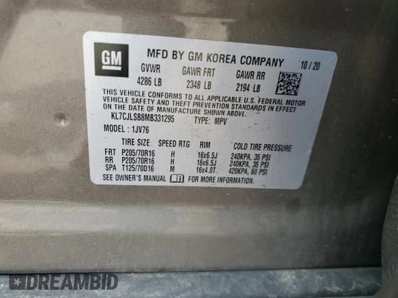 2021 Chevrolet Trax LT with VIN KL7CJLSB8MB331295, listed as a Copart auction lot 55824065 with Not provided miles and Salvage title. Bid and sale history available at DreamBid. Image 12.