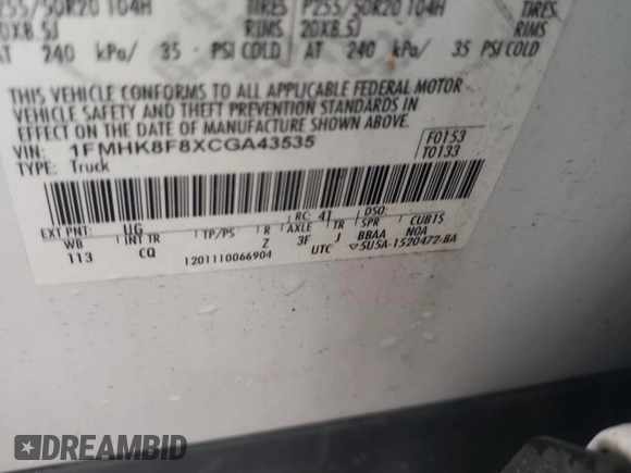 2012 Ford Explorer Limited with VIN 1FMHK8F8XCGA43535, listed as a Copart auction lot 51535125 with 162,410 mi miles and Salvage Title. Bid and sale history available at DreamBid. Image 15.