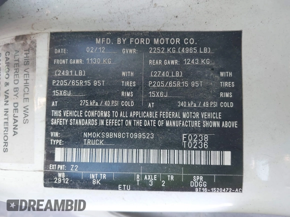2012 Ford Transit Connect XLT with VIN NM0KS9BN8CT099523, listed as a IAAI auction lot 41473012 with Not provided miles and . Bid and sale history available at DreamBid. Image 9.